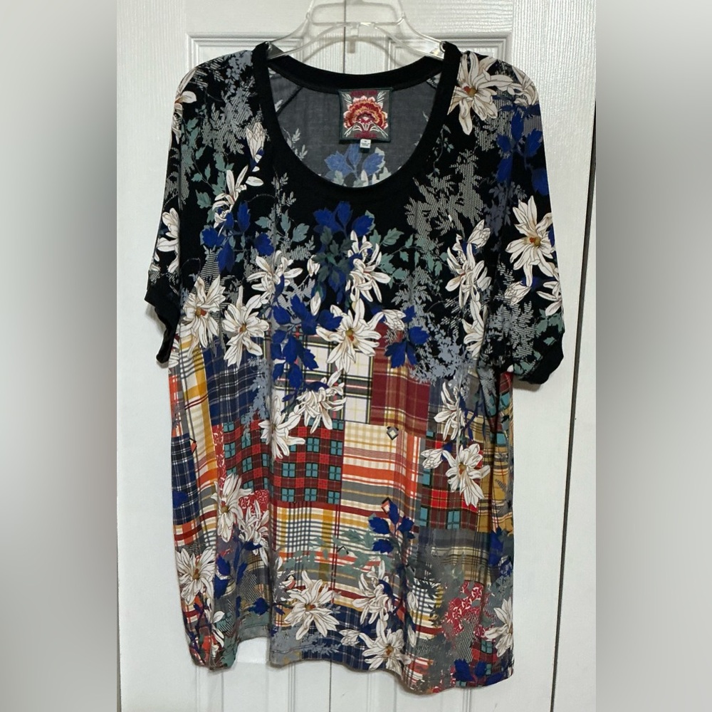 Johnny Was 1X Ona Raglan Short Sleeve Tee Boho Plaid Floral Artsy Top